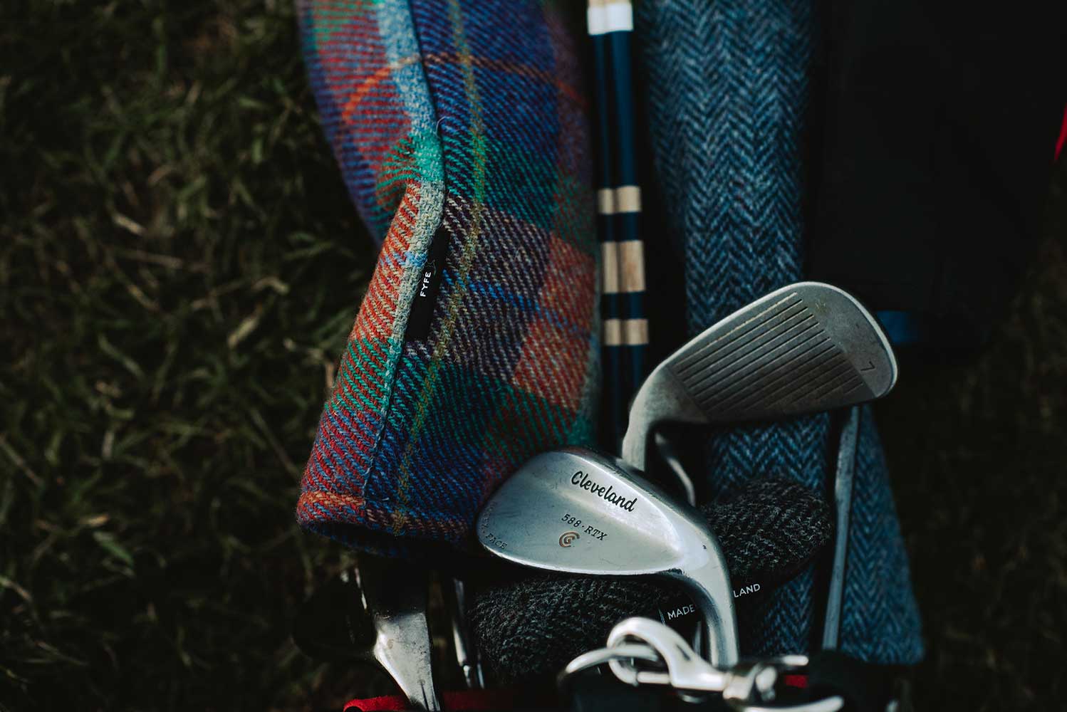 Close-up of Fyfe Golf headcover in Sunset Jura design – A detailed image showcasing the intricate stitching and vibrant colors of the Fyfe Golf headcover in the Sunset Jura design, highlighting the premium craftsmanship and bold color palette inspired by the Scottish landscape.