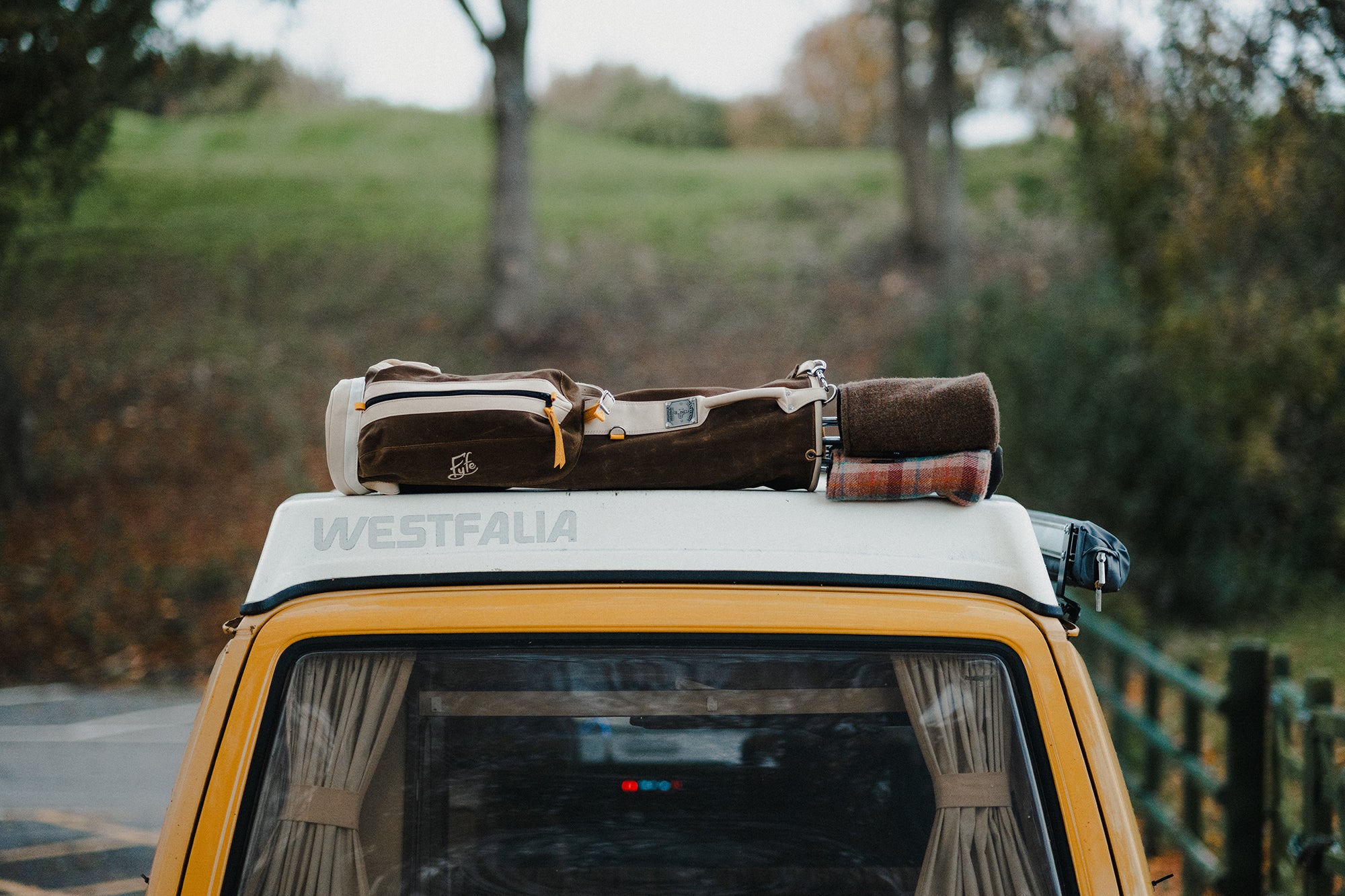 VW Westfalia Yellow with Fyfe Golf MacKenzie Golf bag